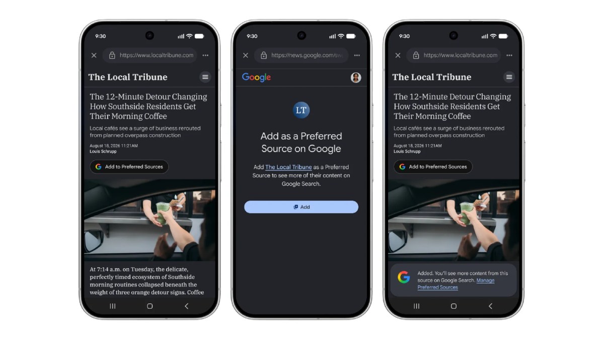 Google Preferred Source 버튼을 보여 주는 TechCrunch 기사 이미지